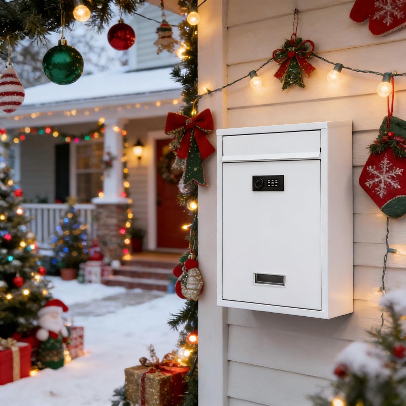KYODOLED Locking Wall Mount Mailbox, Mail Boxes with Combination Lock for Outside, Security Cash Key Letter Drop Box with Code for House Office School,12.4H x 8.54L x 3.35W Inches, White - Image 2